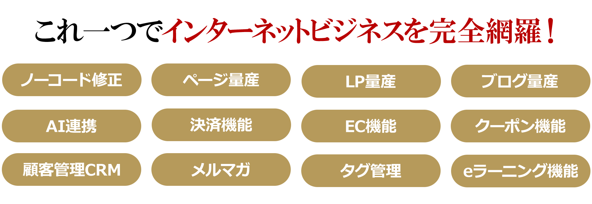 インターネットビジネスの多機能性をアピールするバナー画像。ノーコード修正、LP量産、EC機能など多数の機能が表示されている。