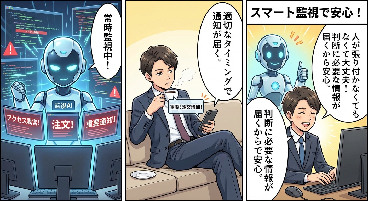 AIが常時監視し、人間はコーヒーを飲みながら指示を確認。AIで業務効率化と安心。