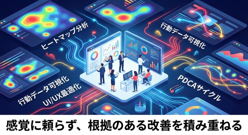 データ分析結果の可視化と、それに基づいて議論するビジネスパーソンのイラスト