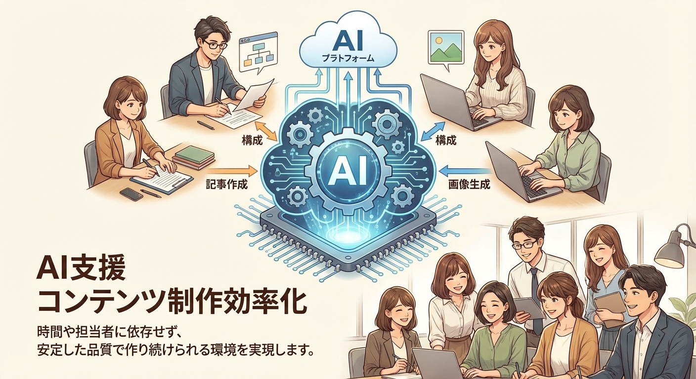 AIプラットフォームが記事作成や画像生成を支援し、チームのコンテンツ制作を効率化する様子。