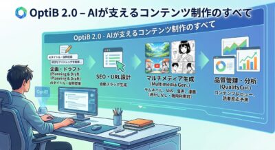 AIがコンテンツ制作を支援するプロセス図。男性がPCを操作し、企画から分析までの流れを学ぶ。