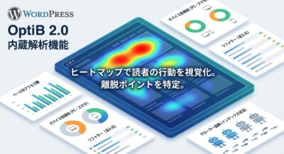 WordPress OptiB 2.0のヒートマップ解析画面。ユーザー行動とサイト分析データを示す。