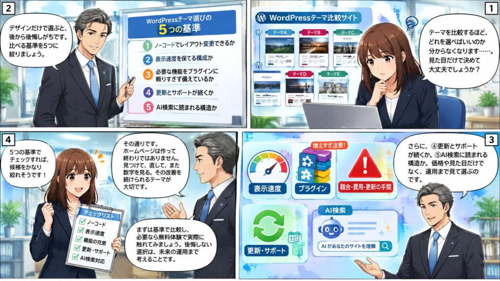WordPressテーマの選び方 5つの基準を解説する漫画