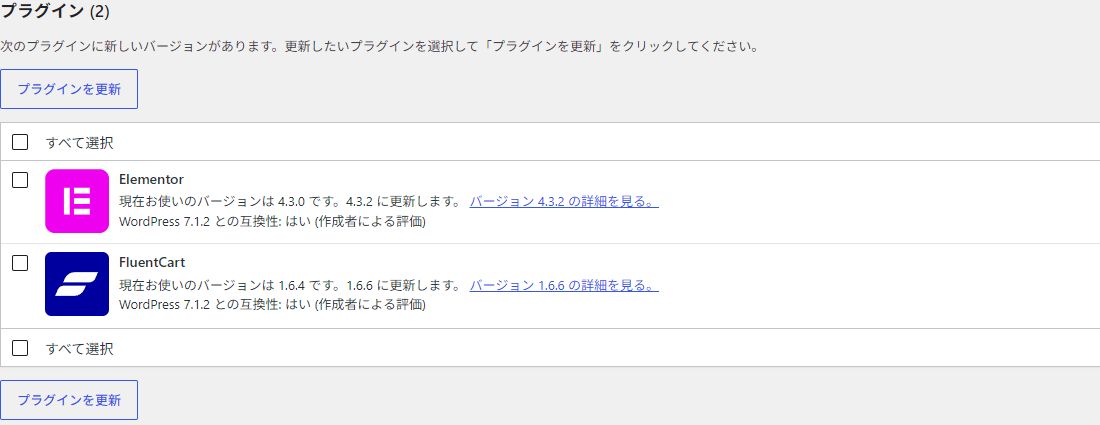 1 対象のチェック欄 / 2 バージョンと互換性 / 3 プラグインを更新