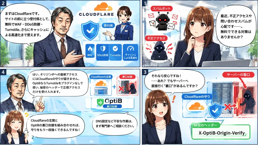 Cloudflare無料プランとOptiBでWordPressサイトを守る仕組みを説明する4コマ漫画