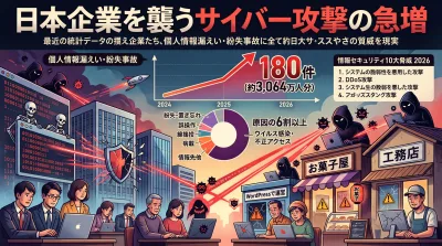 サイバー攻撃で混乱する企業や店舗と、増加傾向を示すグラフの図解