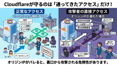 Cloudflare経由の安全な通信とオリジンIP漏えいによる直接攻撃の比較図